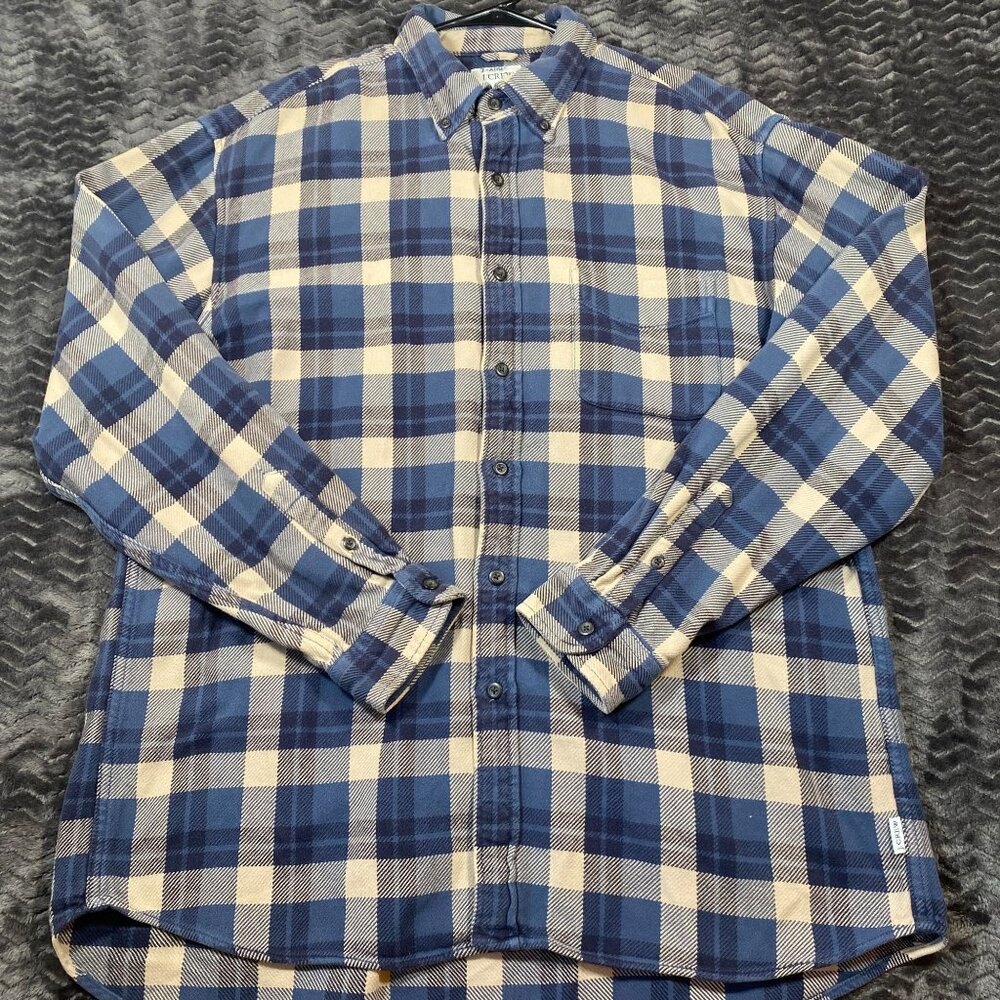 J.Crew Blue & Cream Plaid Button-Up Shirt 100% Cotton Long Sleeve mens size L